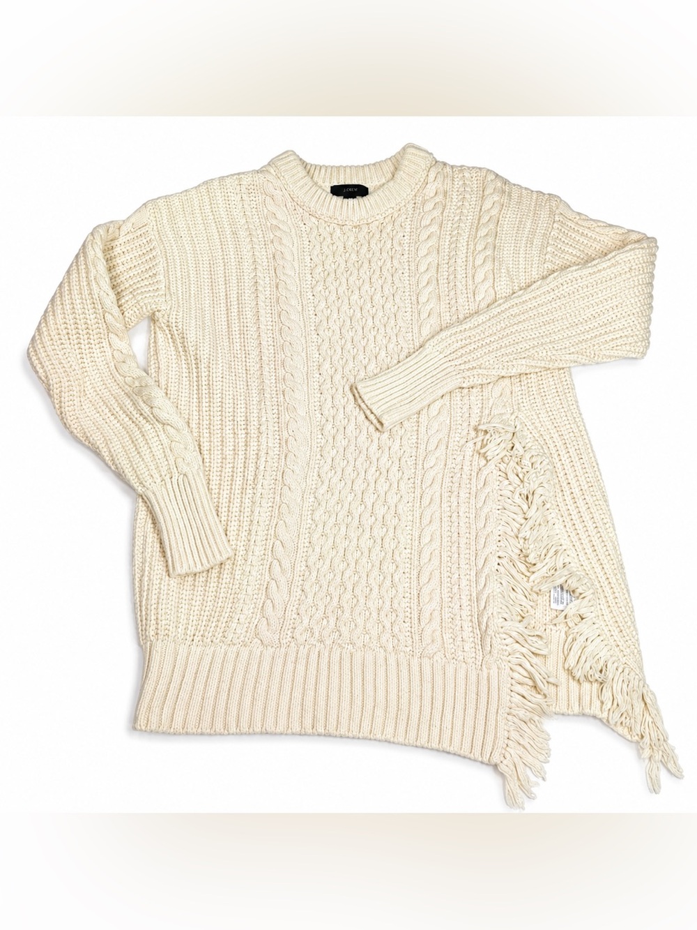 J.Crew Womens XS Ivory Cable Knit Fringe Sweater Merino Wool Blend Holiday Slit
